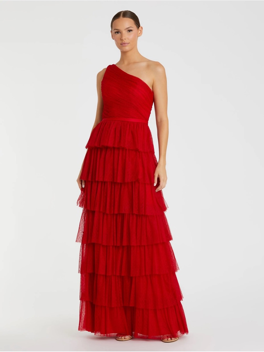 IEENA FOR MAC DUGGAL
Red One Shoulder Layered Tiered Tulle Gown